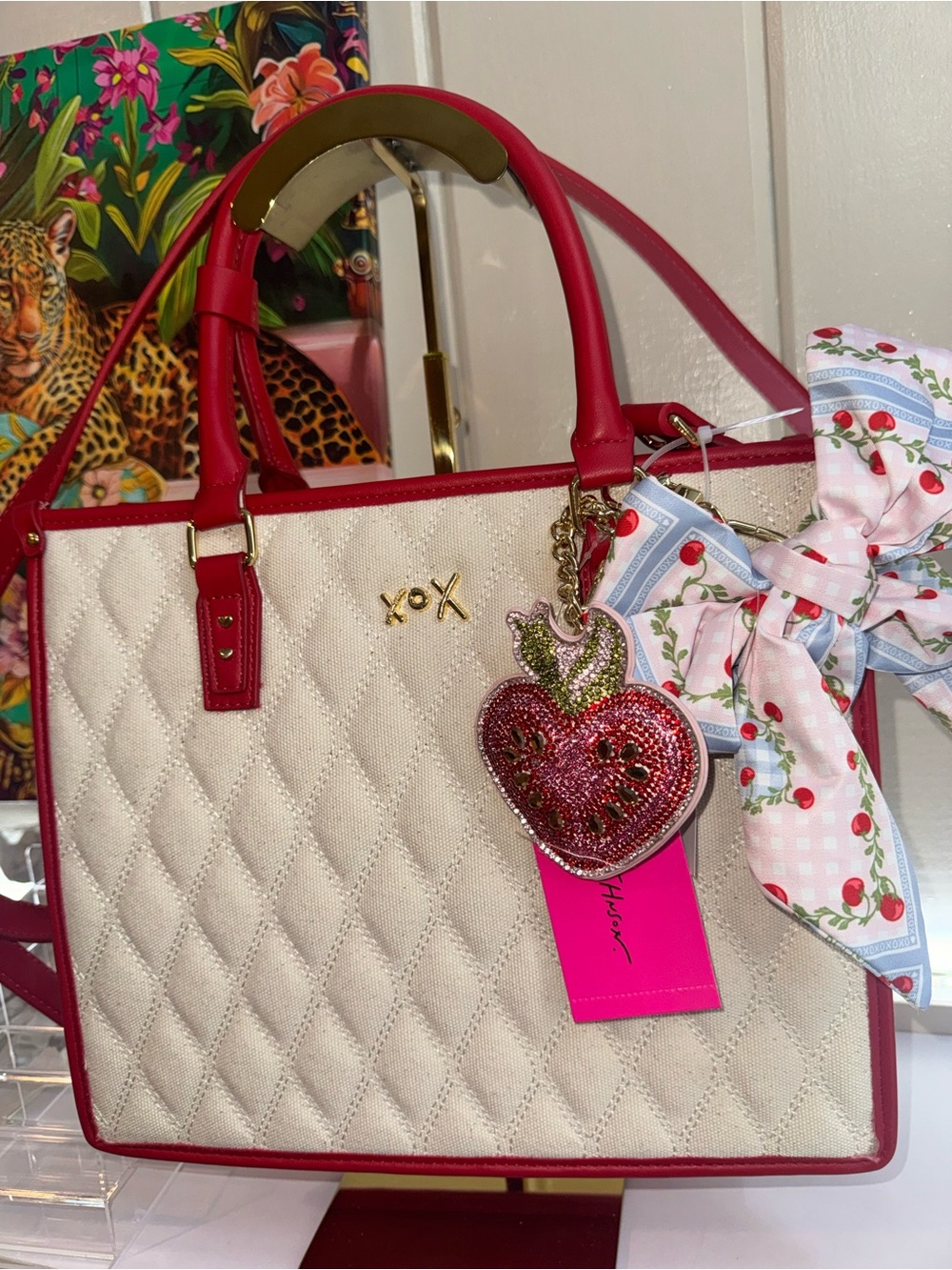 Betsy Johnson Quilted Satchel Bag with Cherries 🍒 Inside & Out & Bag Charm Scarf